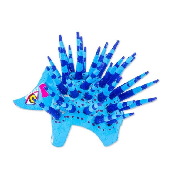 Alternate image for Hand-Painted Wood Alebrije Porcupine Figurine in Blue Cute Porcupine in Sky Blue