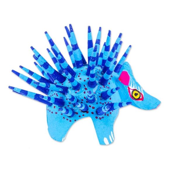 Alternate image for Hand-Painted Wood Alebrije Porcupine Figurine in Blue Cute Porcupine in Sky Blue