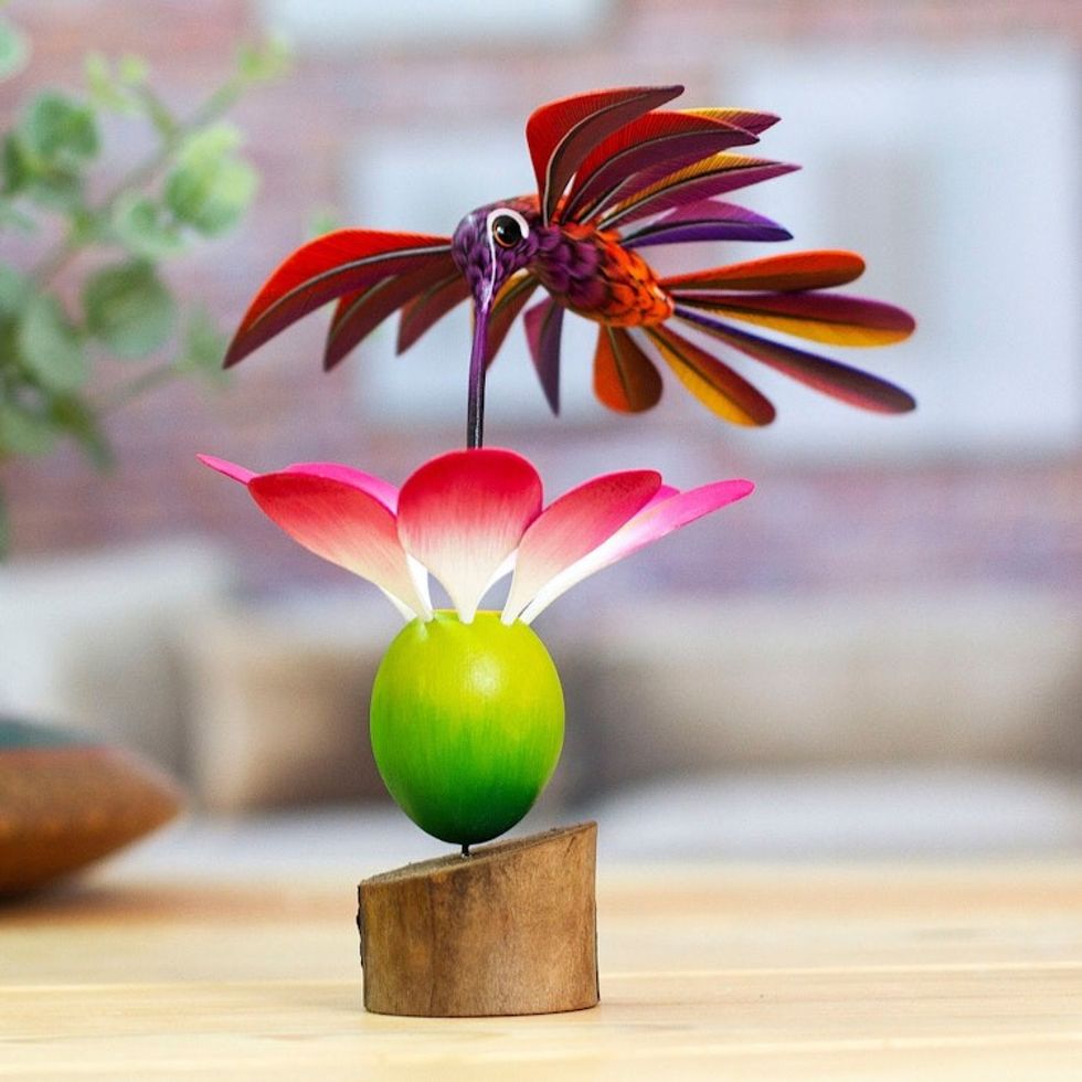 Handmade Floral Wood Bird Sculpture 'Happy Hummingbird'
