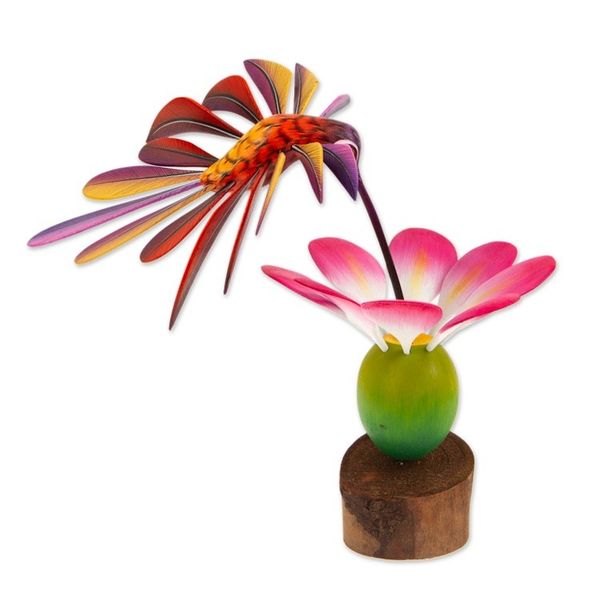 Alternate image for Handmade Floral Wood Bird Sculpture Happy Hummingbird