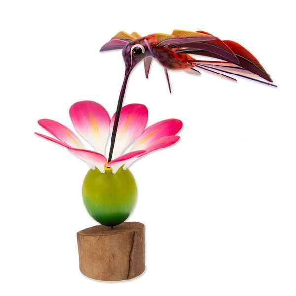 Alternate image for Handmade Floral Wood Bird Sculpture Happy Hummingbird