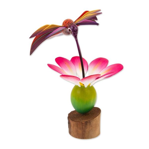 Alternate image for Handmade Floral Wood Bird Sculpture Happy Hummingbird