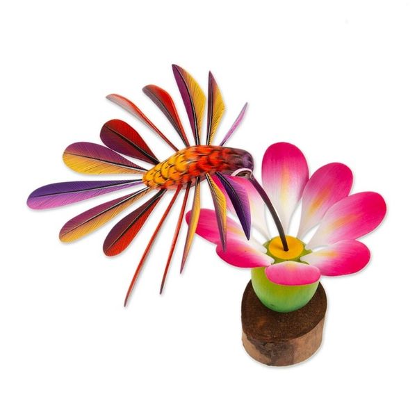Alternate image for Handmade Floral Wood Bird Sculpture Happy Hummingbird