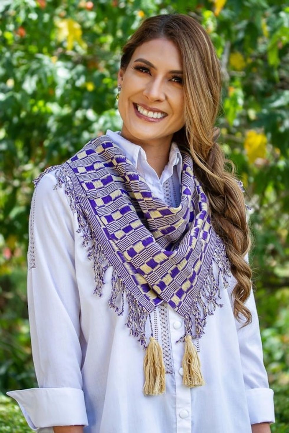 Purple and Beige Handwoven Fringed Scarf with Tassels 'Subtle Movement in Purple'