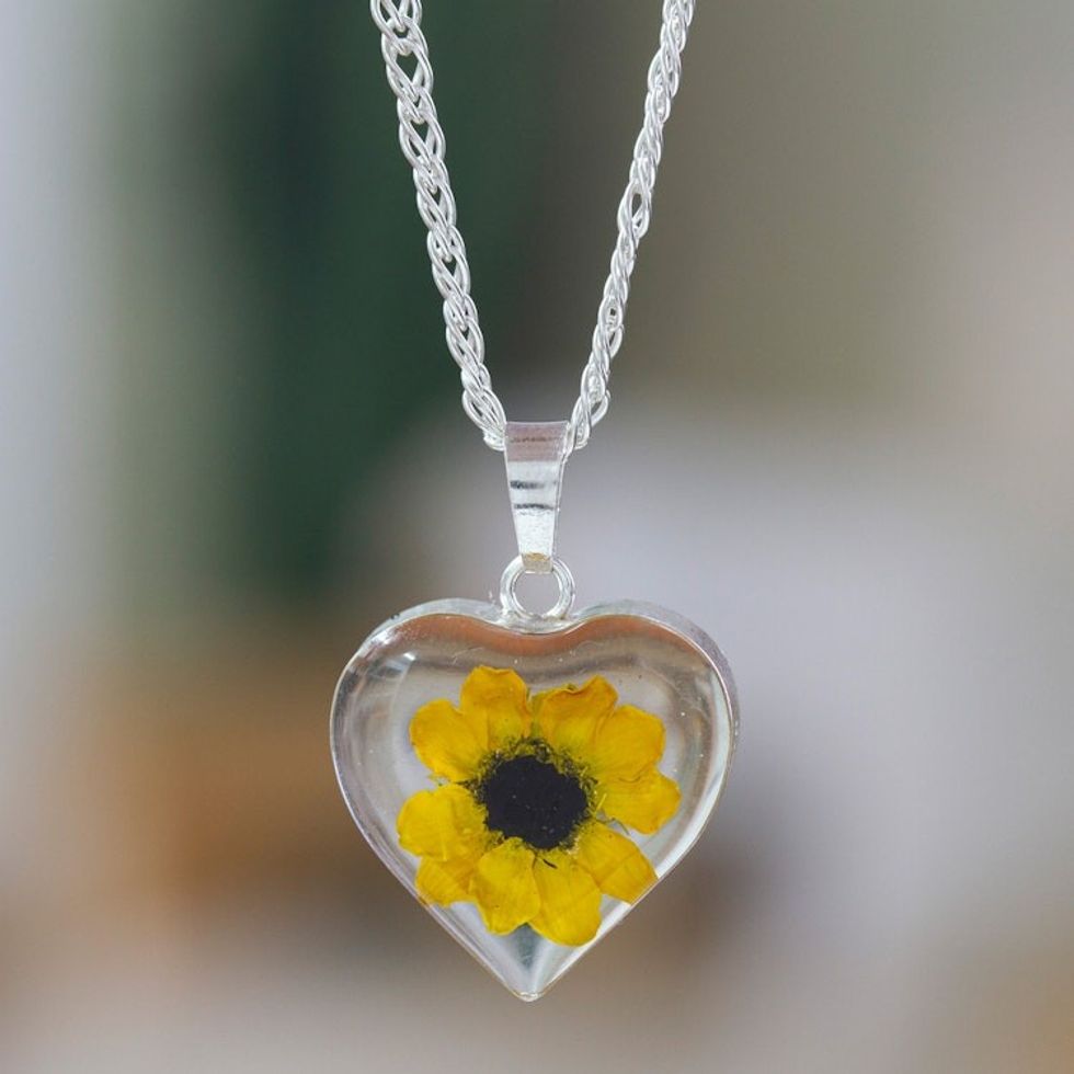Heart-Shaped Natural Sunflower Pendant Necklace from Mexico 'Sunflower Heart'