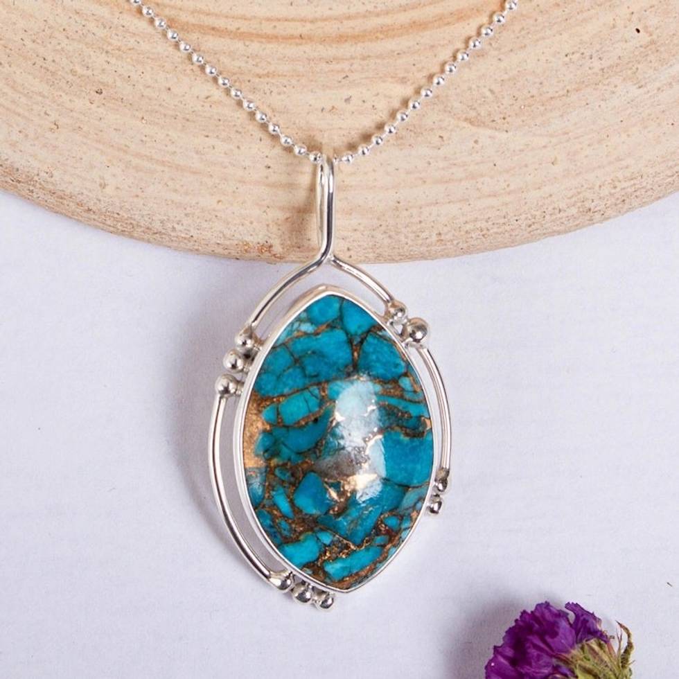 Composite Turquoise and Taxco Silver Pendant Necklace 'Taxco Legend'