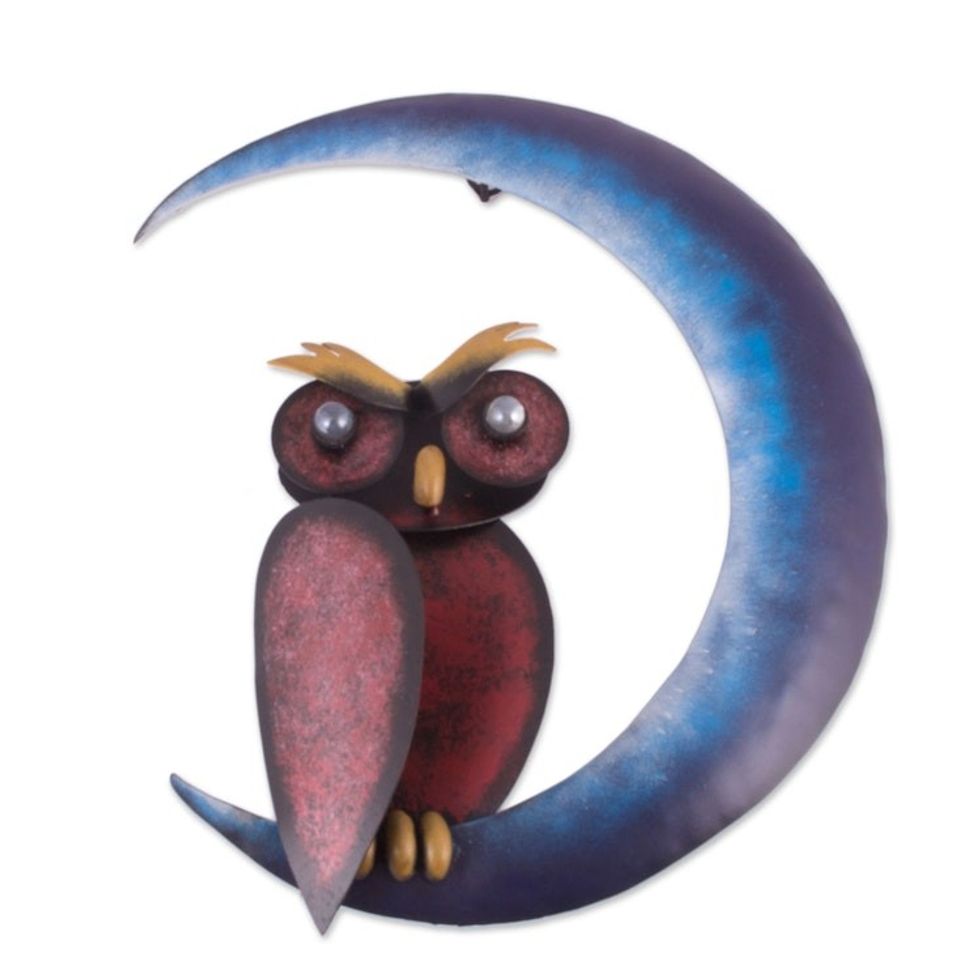 Handcrafted Steel Owl and Moon Wall Sculpture from Mexico 'Owl on the Moon'