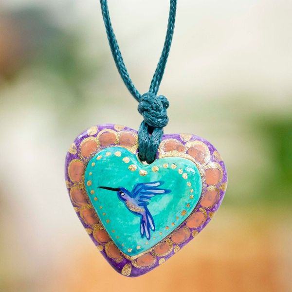 Alternate image for Hand Painted Heart Shaped Hummingbird Pendant Necklace Framed Hummingbird Heart