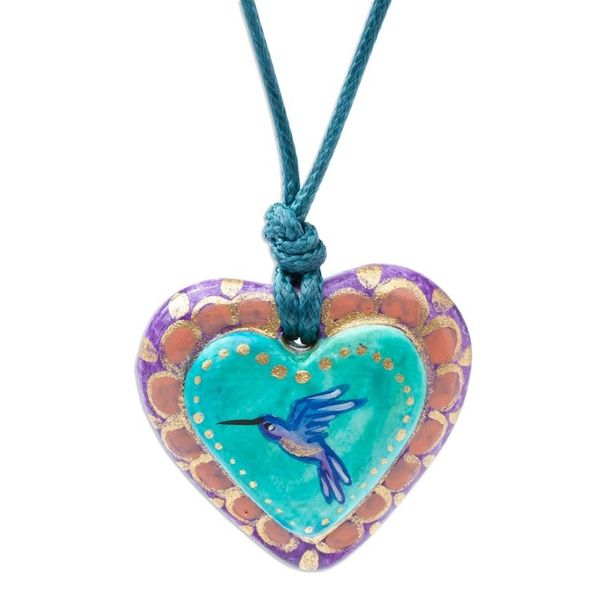 Alternate image for Hand Painted Heart Shaped Hummingbird Pendant Necklace Framed Hummingbird Heart
