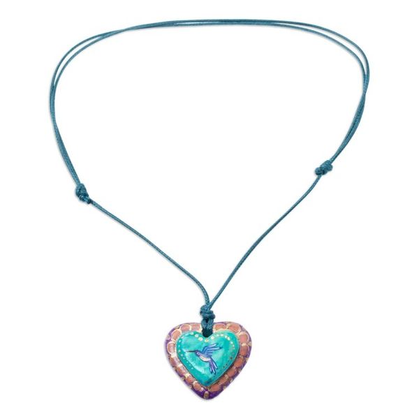 Alternate image for Hand Painted Heart Shaped Hummingbird Pendant Necklace Framed Hummingbird Heart