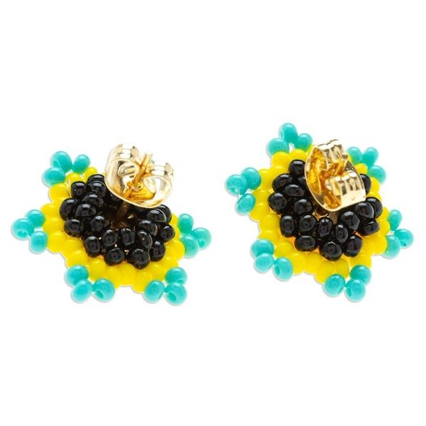 Alternate image for Mexican Handcrafted Star-shaped Beaded Button Earrings Aqua Yellow Star