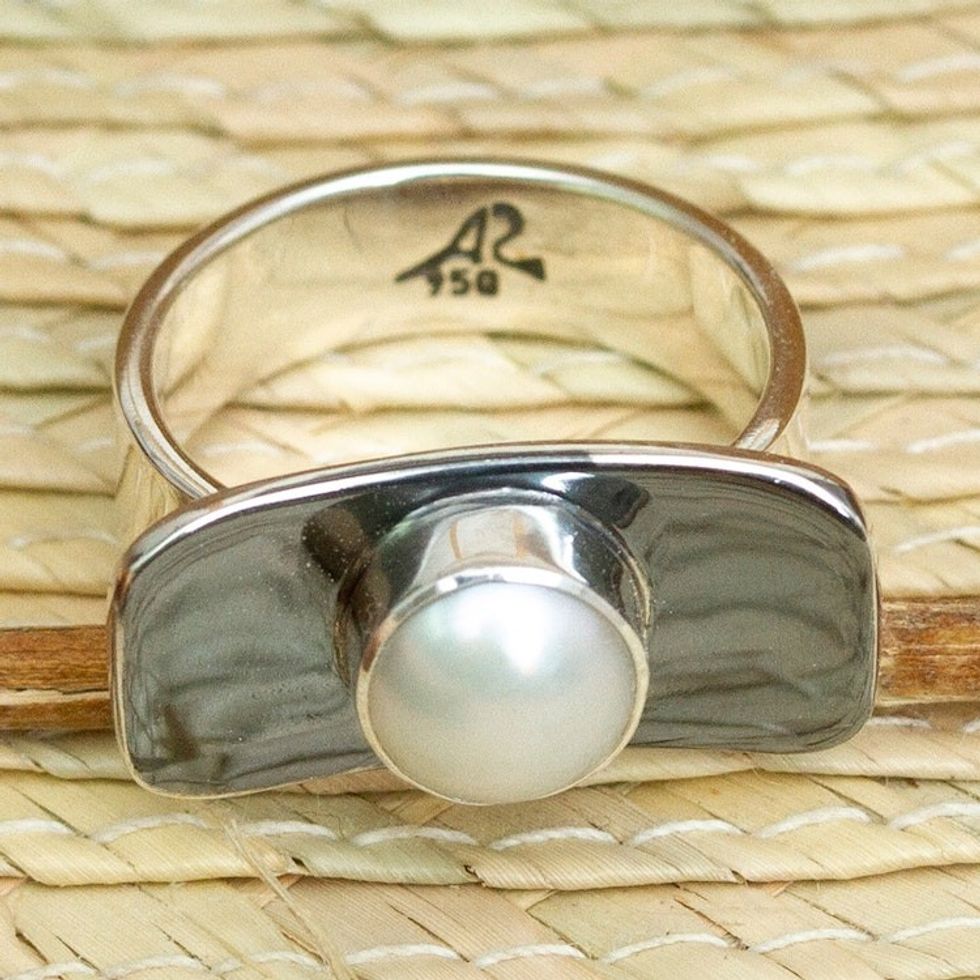 Cultured Pearl Cocktail Ring in 950 Silver from Taxco 'Lunar Light'