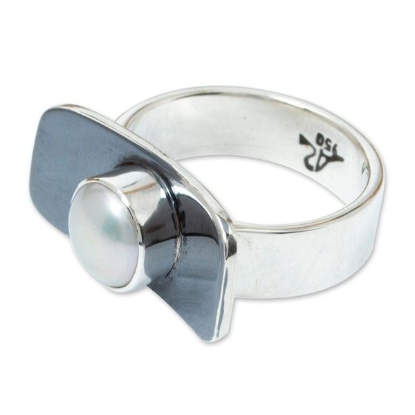 Alternate image for Cultured Pearl Cocktail Ring in 950 Silver from Taxco Lunar Light
