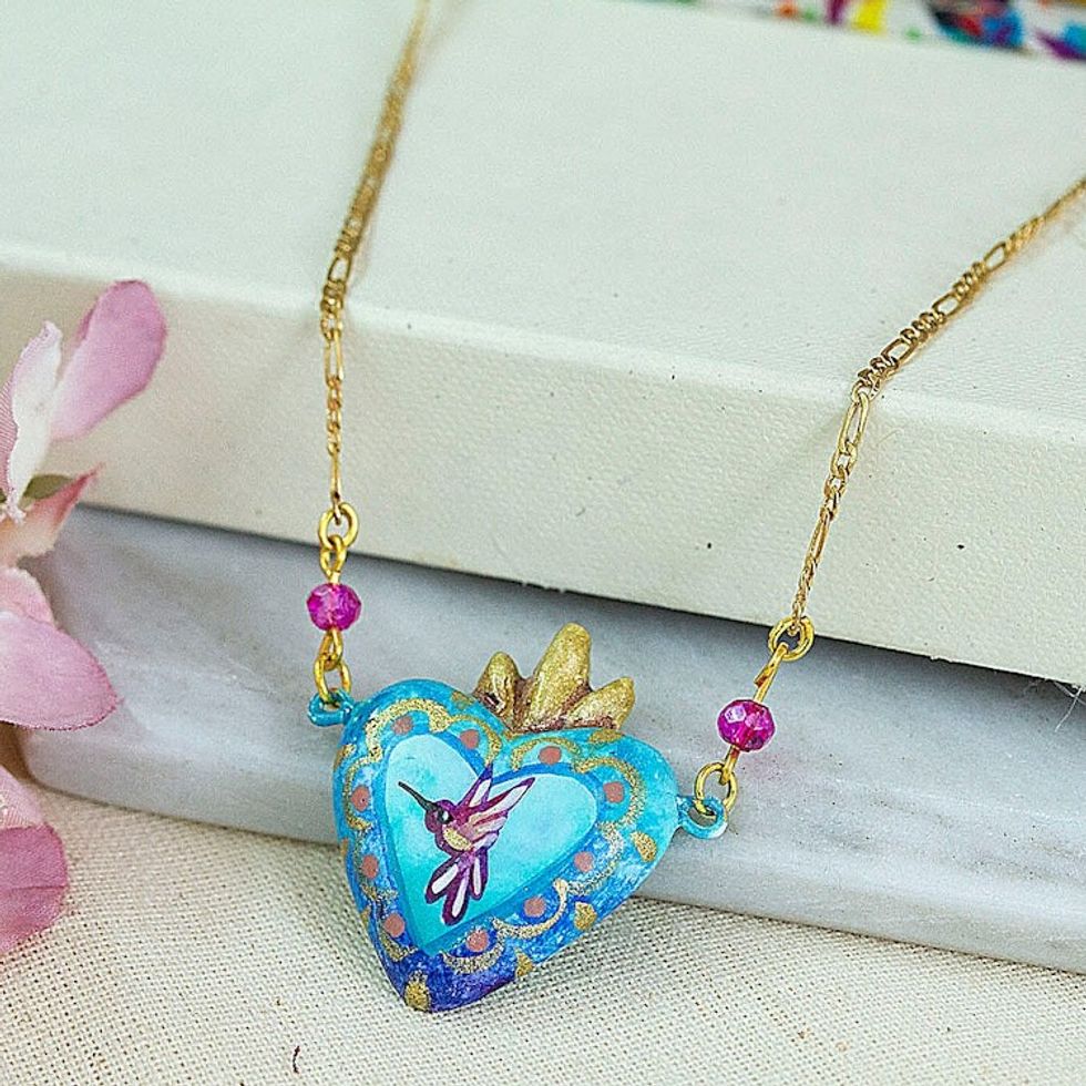 Gold-Plated Necklace with Papier Mache Sacred Heart Pendant 'Little Miracle'