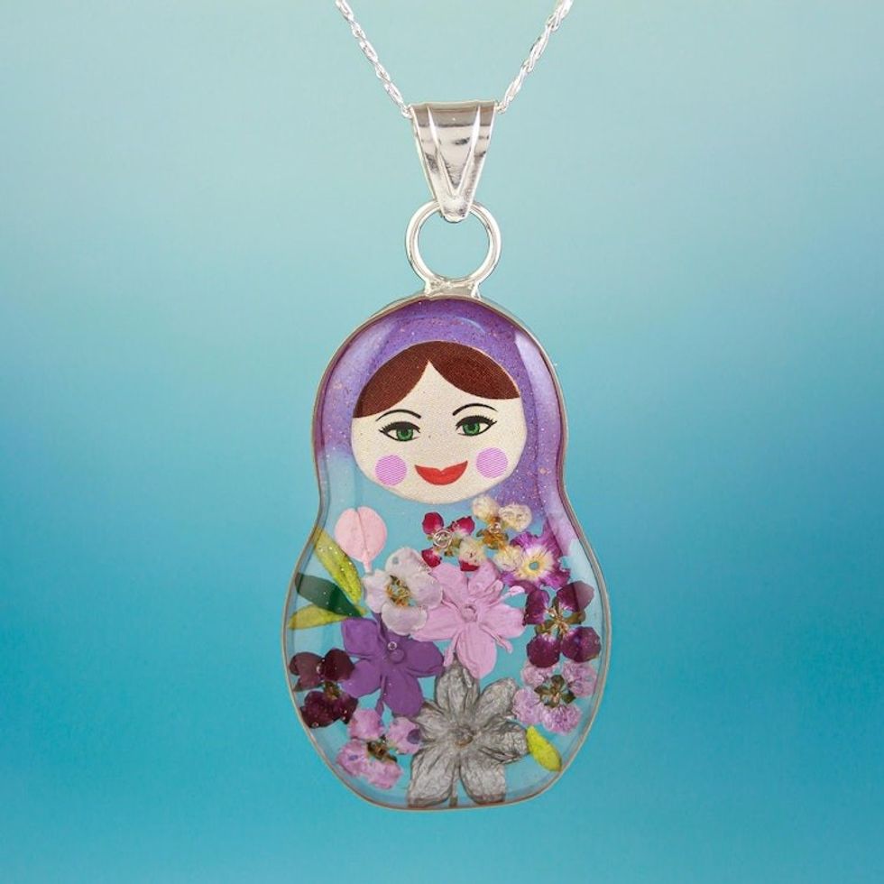 Purple Matryoshka Pendant Necklace with Natural Flowers 'Violet Mexican Matryoshka'