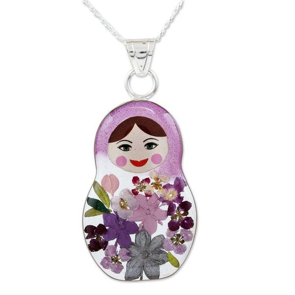 Alternate image for Purple Matryoshka Pendant Necklace with Natural Flowers Violet Mexican Matryoshka