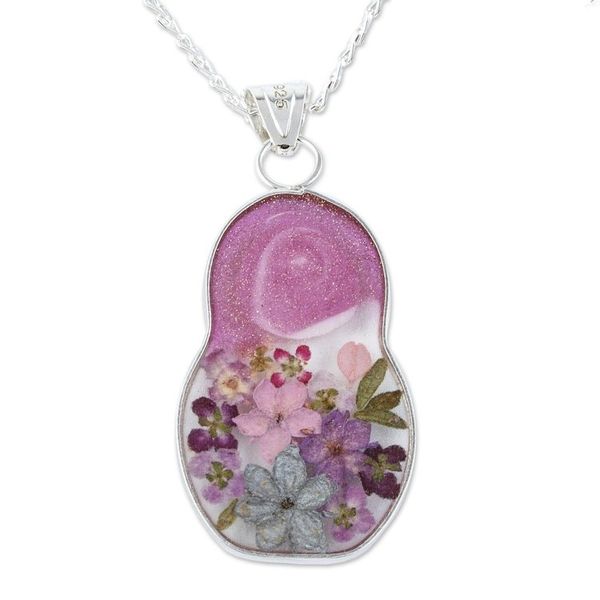 Alternate image for Purple Matryoshka Pendant Necklace with Natural Flowers Violet Mexican Matryoshka