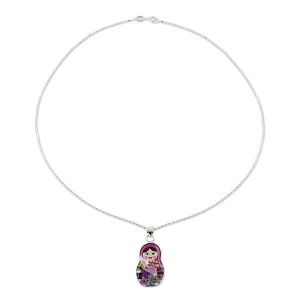 Alternate image for Purple Matryoshka Pendant Necklace with Natural Flowers Violet Mexican Matryoshka