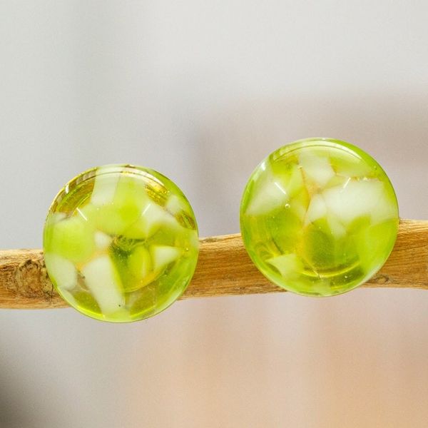 Alternate image for Green Fused Glass Mosaic Button Earrings from Mexico Green Textures