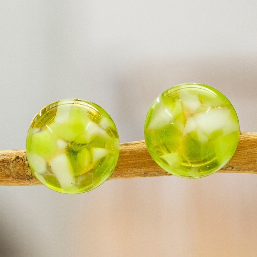 Green Fused Glass Mosaic Button Earrings from Mexico 'Green Textures'