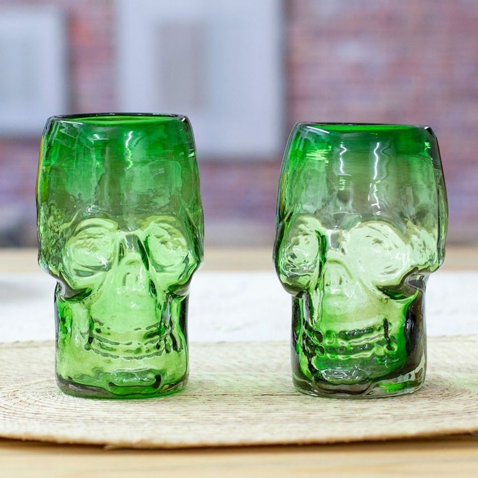 2 Skull-Shaped Jade Green Handblown Recycled Glass Tumblers 'Jade Mexican Skull'