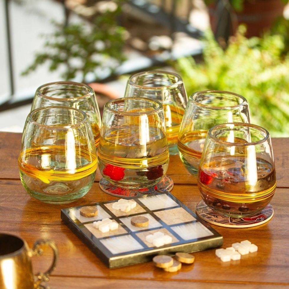 Handblown Recycled Glasses with Yellow Accents 'Round Ribbon of Sunshine'