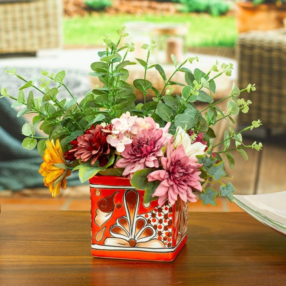 Talavera Vermilion Ceramic Flower Pot Handcrafted in Mexico 'Hacienda Scenes in Vermilion'