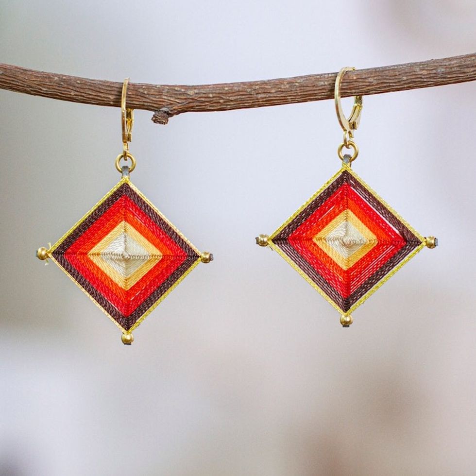 Gold-Accented and Hand-Woven Dangle Earrings in Red Amber 'Vivid Diamonds'
