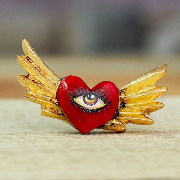 Alternate image for Winged Heart-Shaped Red and Golden Pinewood Magnet Sacred Gaze