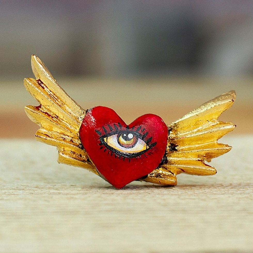 Winged Heart-Shaped Red and Golden Pinewood Magnet 'Sacred Gaze'