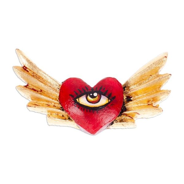 Alternate image for Winged Heart-Shaped Red and Golden Pinewood Magnet Sacred Gaze