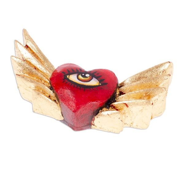 Alternate image for Winged Heart-Shaped Red and Golden Pinewood Magnet Sacred Gaze