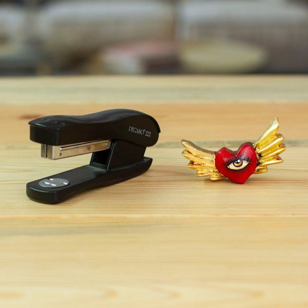 Alternate image for Winged Heart-Shaped Red and Golden Pinewood Magnet Sacred Gaze