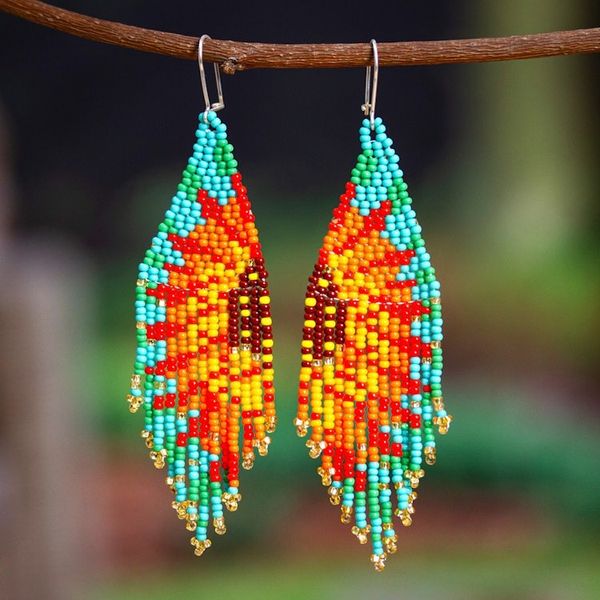 Alternate image for Sun-Themed Red and Turquoise Glass Beaded Waterfall Earrings Summer Spirit