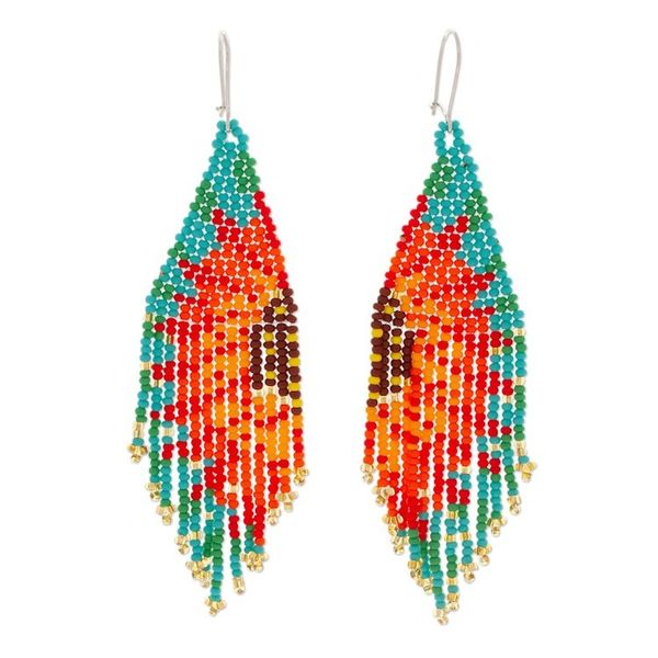 Alternate image for Sun-Themed Red and Turquoise Glass Beaded Waterfall Earrings Summer Spirit