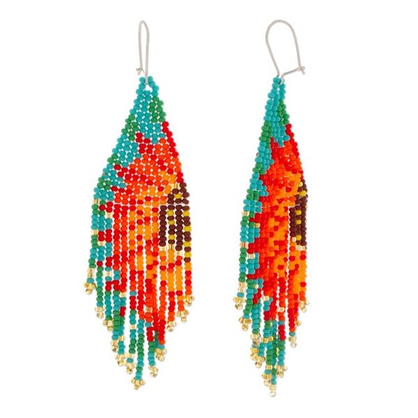 Alternate image for Sun-Themed Red and Turquoise Glass Beaded Waterfall Earrings Summer Spirit