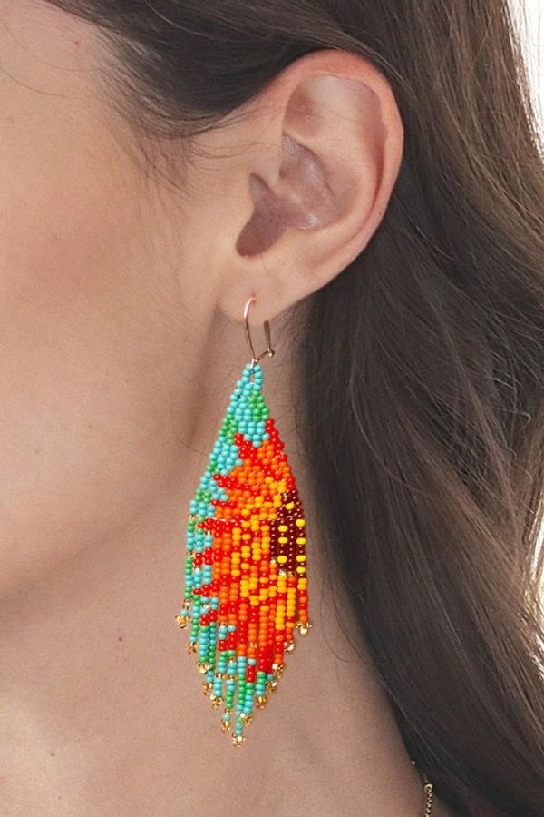 Alternate image for Sun-Themed Red and Turquoise Glass Beaded Waterfall Earrings Summer Spirit