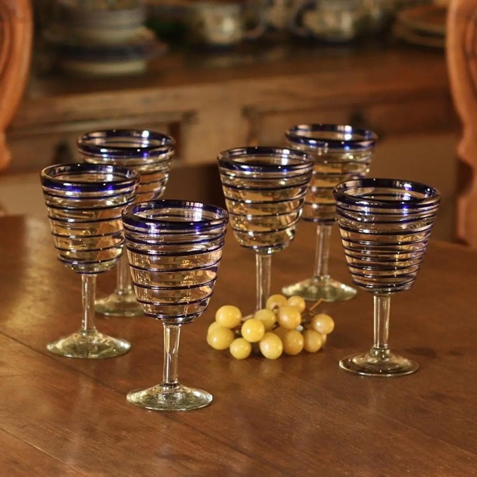 Handblown Recycled Glass Six Striped Blue Wine Glasses 'Cobalt Spirals'