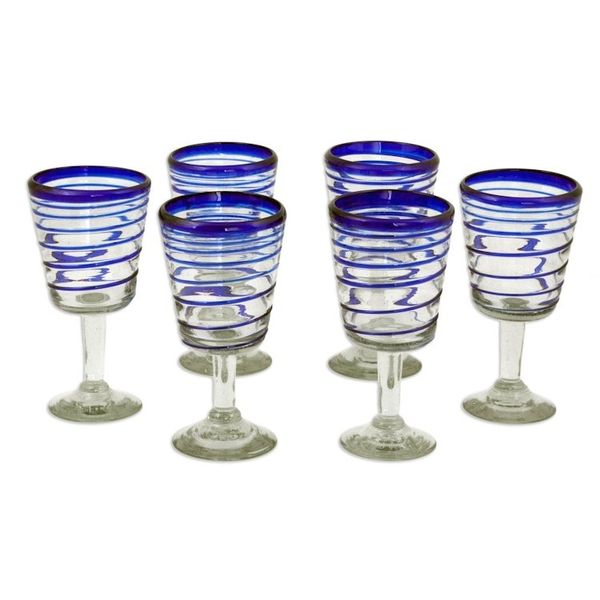 Alternate image for Handblown Recycled Glass Six Striped Blue Wine Glasses Cobalt Spirals