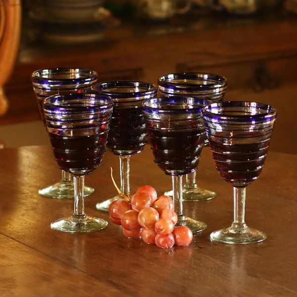 Alternate image for Handblown Recycled Glass Six Striped Blue Wine Glasses Cobalt Spirals