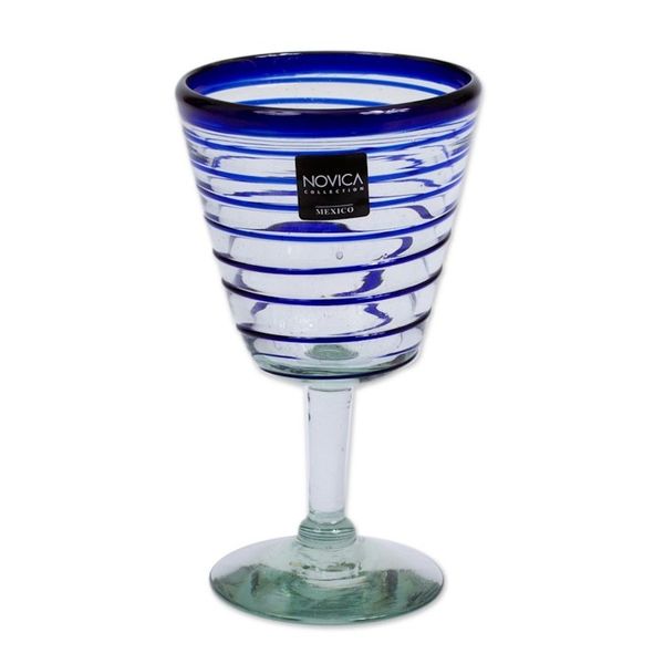 Alternate image for Handblown Recycled Glass Six Striped Blue Wine Glasses Cobalt Spirals