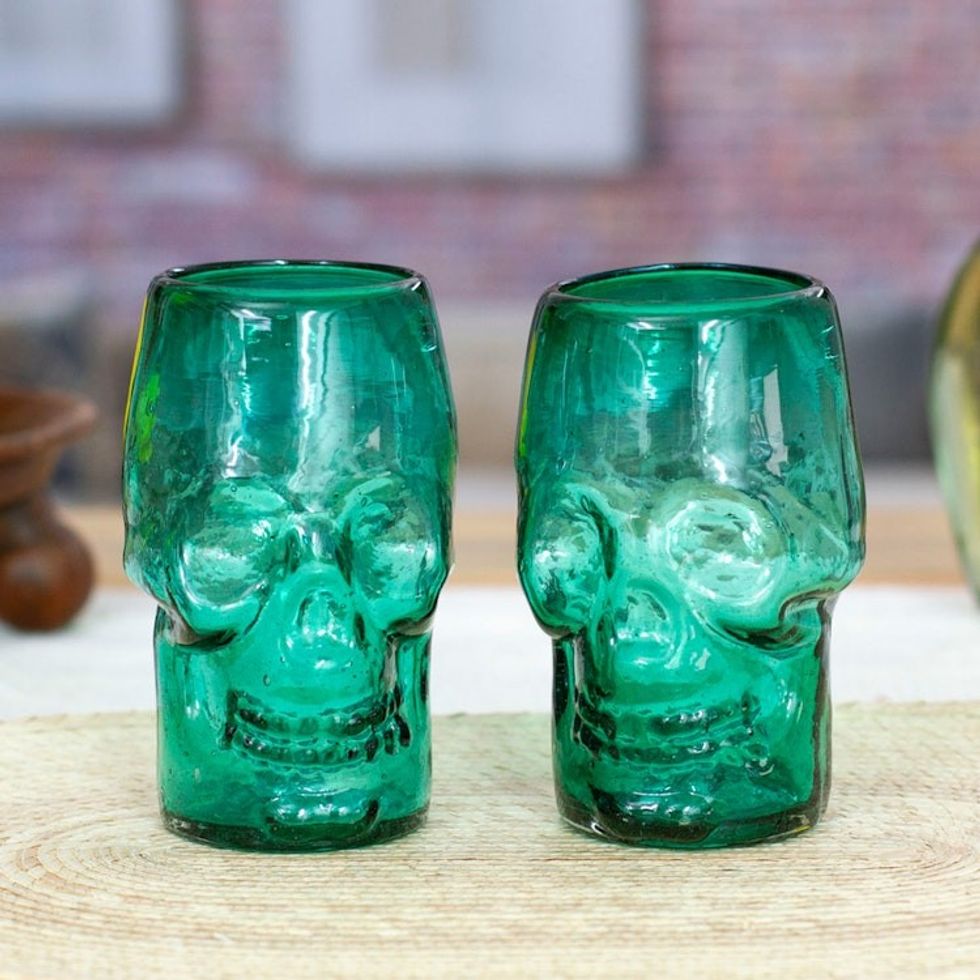 2 Mint Green-Hued Handblown Recycled Glass Skull Tumblers 'Mint Mexican Skull'
