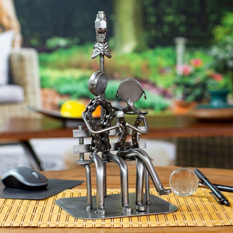 Artisan Crafted Romantic Recycled Metal Sculpture 'Rustic Lovers'