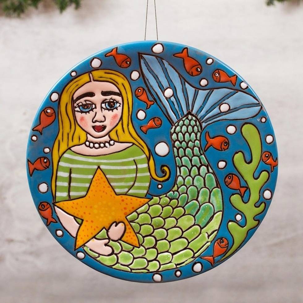 Handmade Ceramic Mermaid Wall Art from Mexico 'Mermaid and Starfish'