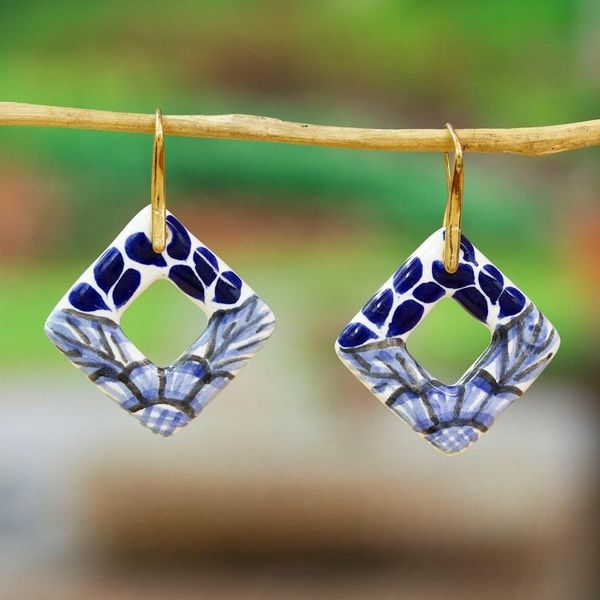 Alternate image for Leafy Diamond-Shaped Blue Ceramic Talavera Dangle Earrings Cobalt Blue Diamonds
