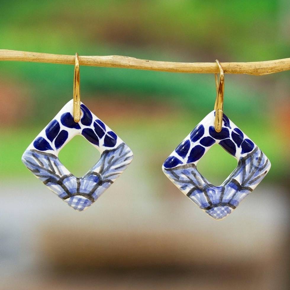 Leafy Diamond-Shaped Blue Ceramic Talavera Dangle Earrings 'Cobalt Blue Diamonds'