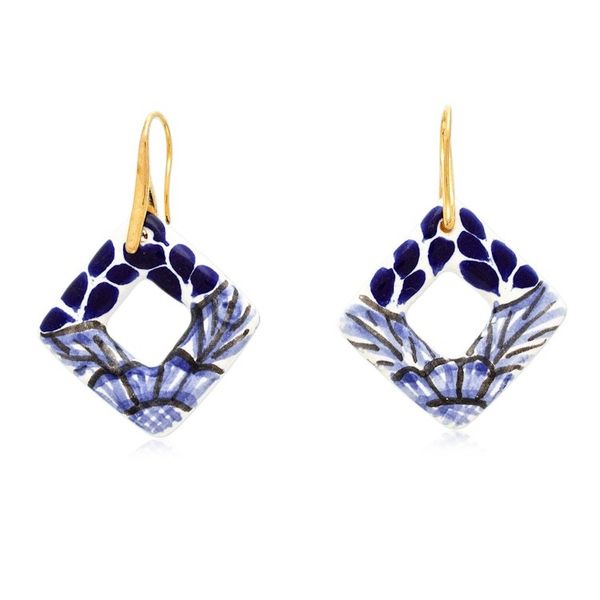 Alternate image for Leafy Diamond-Shaped Blue Ceramic Talavera Dangle Earrings Cobalt Blue Diamonds