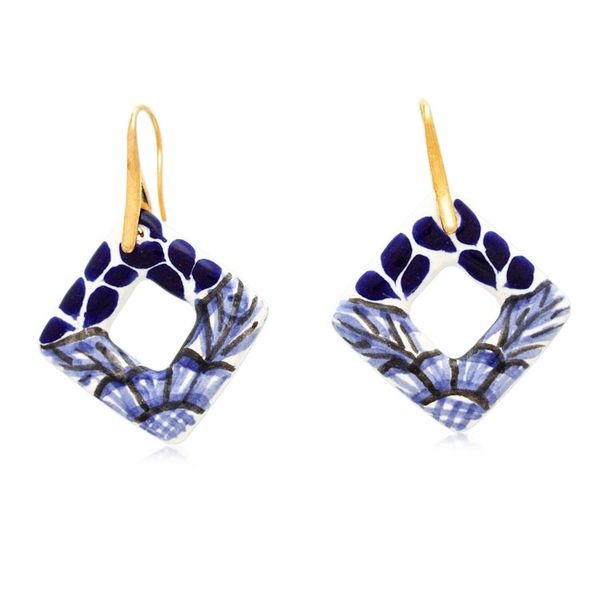 Alternate image for Leafy Diamond-Shaped Blue Ceramic Talavera Dangle Earrings Cobalt Blue Diamonds