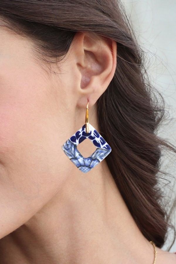 Alternate image for Leafy Diamond-Shaped Blue Ceramic Talavera Dangle Earrings Cobalt Blue Diamonds