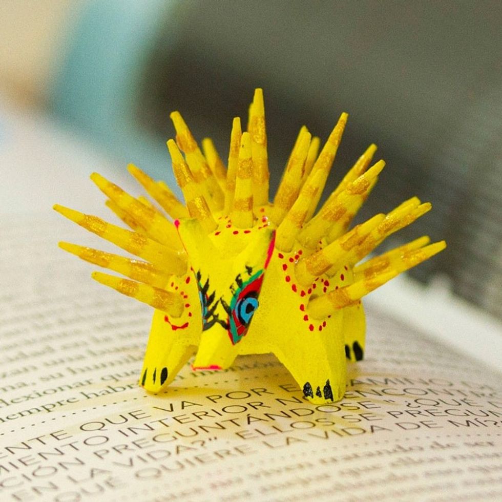 Hand-Painted Wood Alebrije Porcupine Figurine in Yellow 'Cute Porcupine in Yellow'